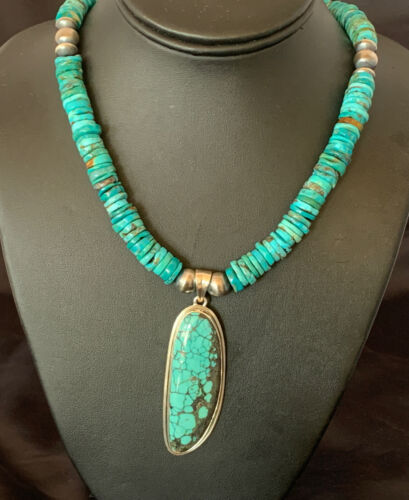 Navajo Pearls Spiderweb Beads Turquoise Necklace Pendant | Sterling Silver | Authentic Native American | Graduated | 22" | 10222
