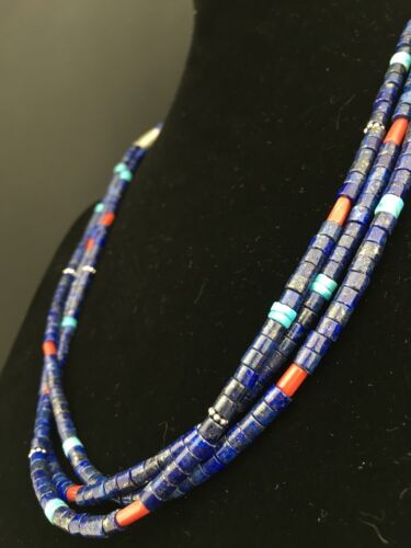 Southwestern Navajo Lapis Turquoise Necklace | 3-Strand | Sterling Silver | 24" | 1361