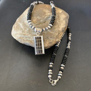 Navajo Black Onyx Inlay Pendant | Sterling Silver Necklace with Pearls | Authentic Native American Handmade | 12282