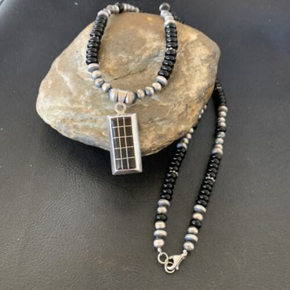 Navajo Black Onyx Inlay Pendant | Sterling Silver Necklace with Pearls | Authentic Native American Handmade | 12282