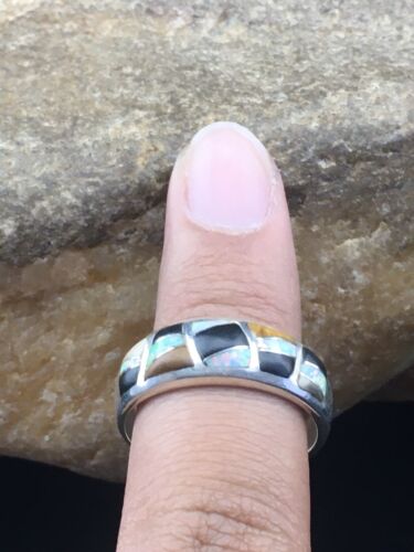 Navajo Sterling Silver Opal, Black Onyx & Tigers Eye Inlay Ring | Sz 11 | Authentic Native American Handmade | 01602