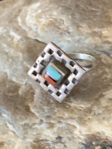 Native American Women's Navajo Blue Turquoise Coral Inlay Ring | Sz 8 | 13132