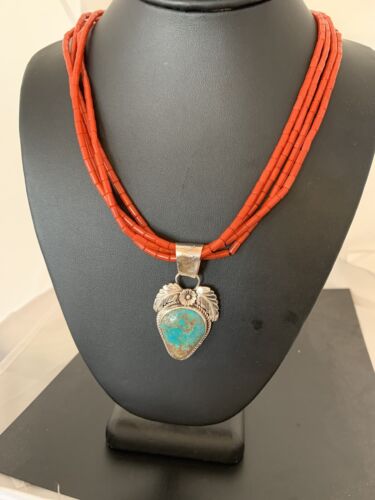 Navajo Sterling Silver Turquoise Pendant with Coral Bead Necklace | Multi-Strand | Authentic Native American Handmade | 00370