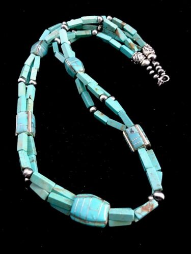 Navajo Blue Turquoise Sterling Silver Necklace | Inlay Pendant 24" | Native American Southwestern | 3360