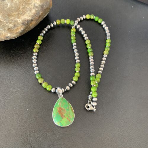 Women's Navajo Pearl Necklace with Green Mojave Turquoise Pendant | Sterling Silver | Native American Handmade | 11758