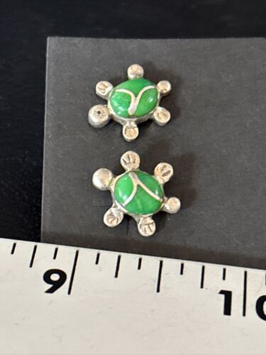 Navajo Turtle Green Turquoise Inlay Earrings | Sterling Silver | Authentic Native American Handmade | 14778