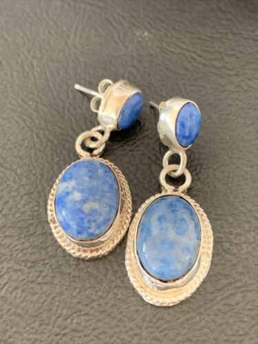 Navajo Denim Lapis Dangle Earrings | Sterling Silver | 1.1" | Authentic Native American Handmade | 1700