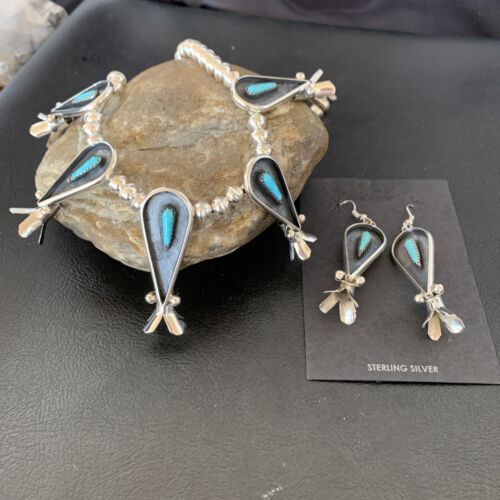 Navajo Squash Blossom Necklace & Earrings Set | Kingman Turquoise | Sterling Silver | Authentic Native American Handmade | 10925