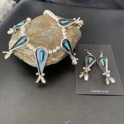 Navajo Squash Blossom Necklace & Earrings Set | Kingman Turquoise | Sterling Silver | Authentic Native American Handmade | 10925