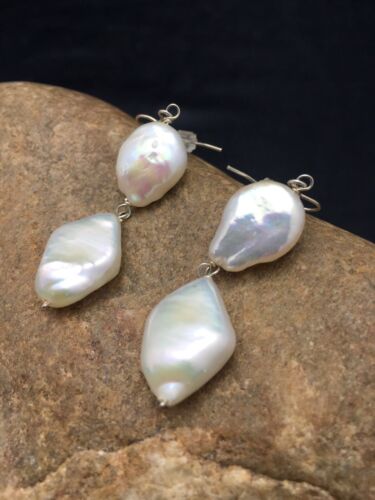 Native American Sterling Silver Pearl Dangle Earrings | 1.5" | 3079