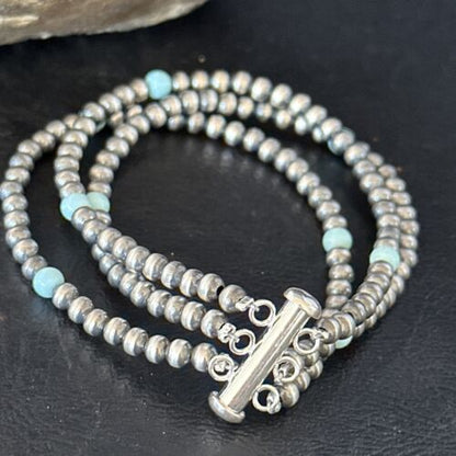 Navajo Pearls Blue Turquoise Bracelet | Sterling Silver | 3-Strand | Authentic Native American Handmade | 13588