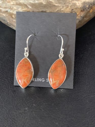 Native American Orange Apple Coral Dangle Drop Earrings | Sterling Silver | 1" | 14096