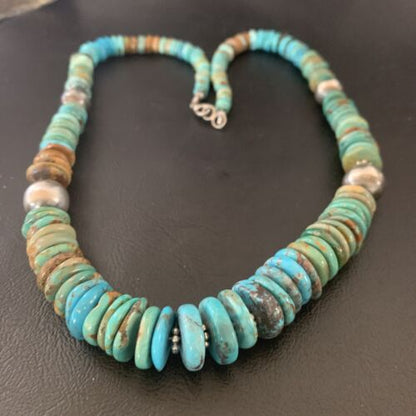 Navajo Blue Green Turquoise Necklace | Sterling Silver | Authentic Native American | 22" | Graduated | 11899