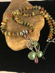 Navajo Green Turquoise & Spiny Oyster Pendant Necklace | Authentic Native American Sterling Silver | Multi-Stone | 8488