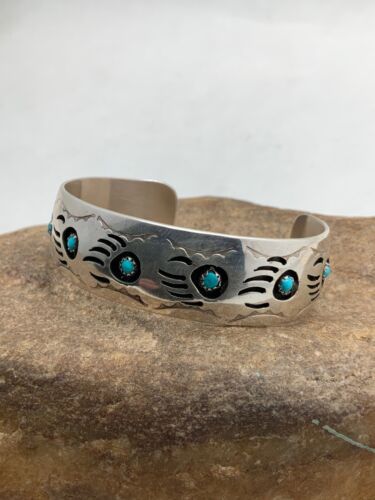 Navajo Turquoise Shadow Box Bear Paw Bracelet | Sterling Silver | Authentic Native American Handmade | 4610