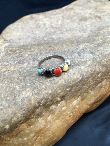 Zuni Blue Opal, Coral & Turquoise Ring | Authentic Native American Sterling Silver | Multi-Stone | Sz 6.5 | 08999