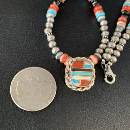 Authentic Navajo Sterling Silver Necklace | Turquoise & Onyx Multi-Color Inlay Pendant | Native American Jewelry | 13558