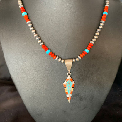 Navajo Blue Turquoise Coral Pendant Necklace | Sterling Silver Inlay | Authentic Native American Handmade | 13840