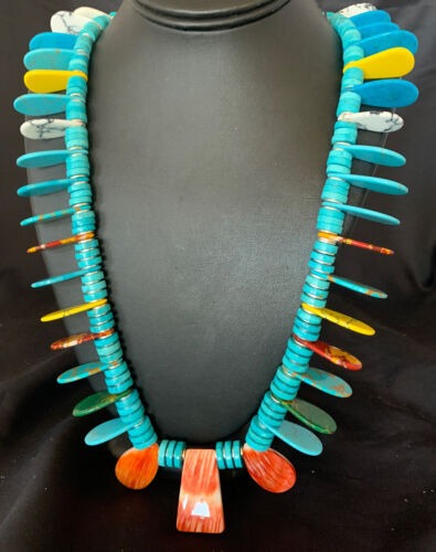 Native American Santo Domingo Spiny Turquoise Necklace | 40" | Sterling Silver | 12066 - Masha USA