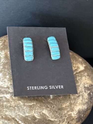 Navajo Blue Turquoise Inlay Earrings | Sterling Silver | 1" | Authentic Native American Handmade | 14777