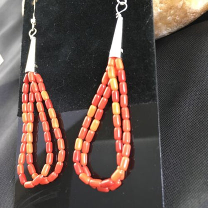 Handmade Liquid Silver Heishi Dangle Earrings | Apple Sponge Coral Tube | Sterling Silver | 2" | 1095 - Masha USA