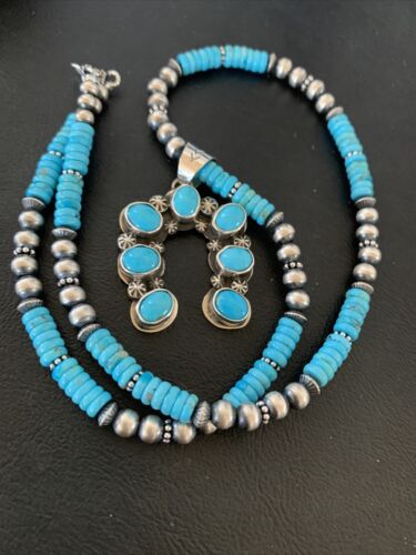 Navajo Blue Turquoise Necklace with Sterling Silver Naja Pendant | Authentic Native American Handmade | 02017
