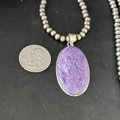 Navajo Pearls Necklace with Purple Charoite Pendant | Sterling Silver | Authentic Native American Handmade | 14464