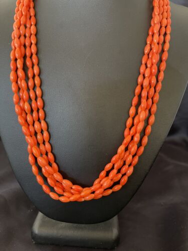 Navajo Orange Coral 5-Strand Necklace | Sterling Silver Barrel Beads | 22" | Authentic Native American Handmade | 10437