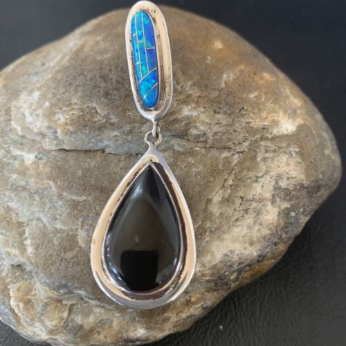 Navajo Black Onyx Blue Opal Inlay Pendant | Sterling Silver | Authentic Native American Handmade | 12885