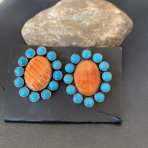 USA Blue Kingman Turquoise Spiny Oyster Earrings Sterling Silver 2in 1574