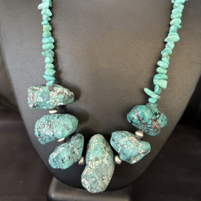 Navajo Chunky Blue Turquoise Necklace | Sterling Silver | Authentic Native American Handmade | 20" | 14413