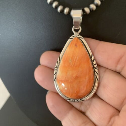 Navajo Men's Orange Spiny Oyster Pendant Necklace | Sterling Silver | Authentic Native American Handmade | 01760