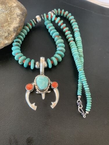 Navajo Sterling Silver Necklace | Blue Turquoise & Spiny Oyster Naja Pendant | Authentic Native American Handmade | 2060