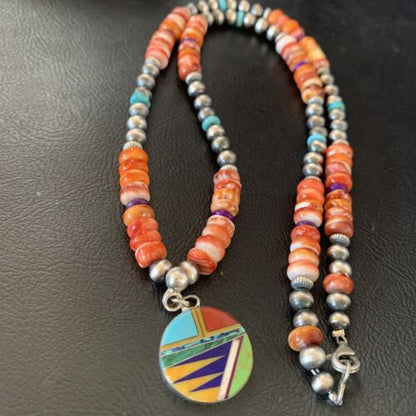 Multi-Color Turquoise & Spiny Oyster Inlay Necklace Pendant | Navajo Sterling Silver | Authentic Native American Handmade | 12721