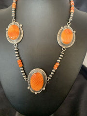 Navajo Pearls Orange Spiny Oyster Necklace Pendant | Sterling Silver | Authentic Native American Handmade | 10818