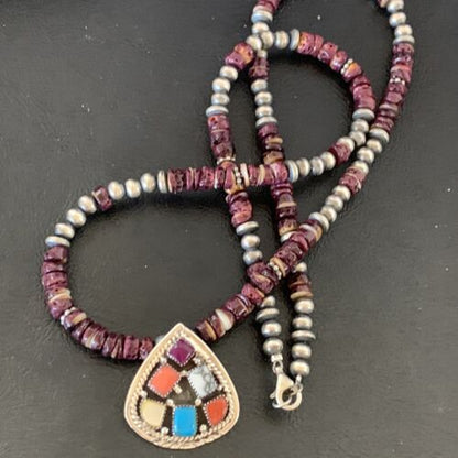 Navajo Multi-Color Multi-Stone Pendant | Authentic Native American Sterling Silver | Purple Spiny Oyster Necklace | 12356