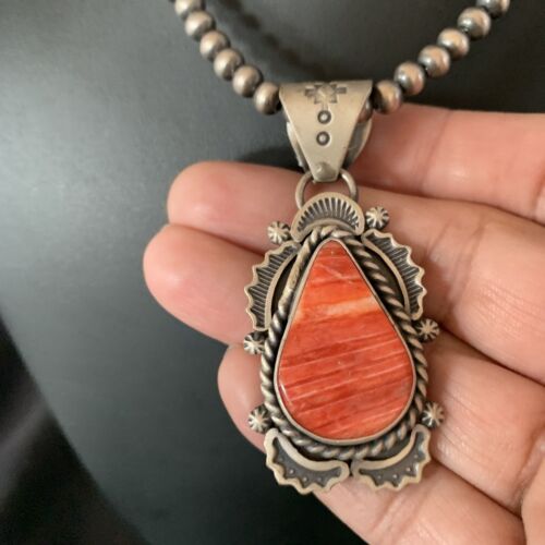 Navajo Red Spiny Oyster Pendant | Sterling Silver | 2" | Authentic Native American Handmade | 13320