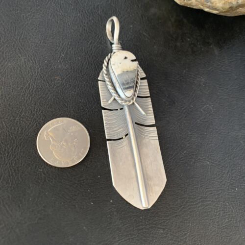 Navajo White Buffalo Turquoise Feather Pendant | Sterling Silver | Authentic Native American Handmade | 13987