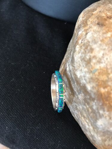 Southwestern Navajo Blue Opal Inlay Ring | Sterling Silver | Sz 7.5 | Authentic Native American Handmade | Yazzie | 10610