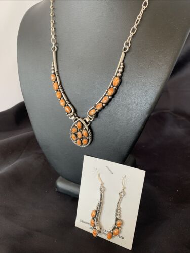 Navajo Orange Spiny Oyster Necklace Earrings Set | Sterling Silver | Authentic Native American Handmade | 2103