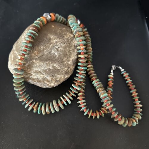 Turquoise Spiny Oyster Navajo Sterling Silver Necklace | Authentic Native American | 34" | 14364 Graduated