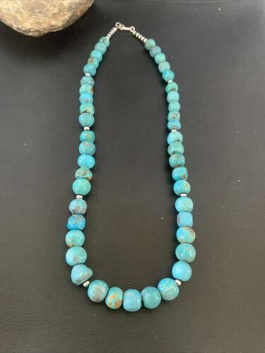Navajo Blue Turquoise Bead Necklace Pendant | Sterling Silver | Authentic Native American Handmade | 20" | 02205