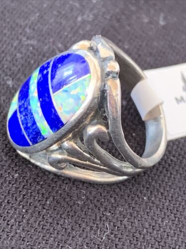 Southwestern Navajo Lapis & Opal Inlay Ring | Sterling Silver | Sz 7.5 | 1486