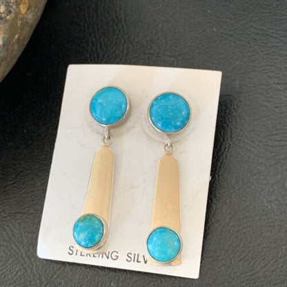 Handmade Navajo Kingman Turquoise Dangle Earrings | Sterling Silver | Authentic Native American | 2044