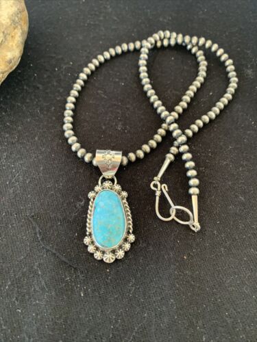 Men's Navajo Pearls Necklace with Blue Kingman Turquoise Pendant | Sterling Silver | Authentic Native American Handmade | 839