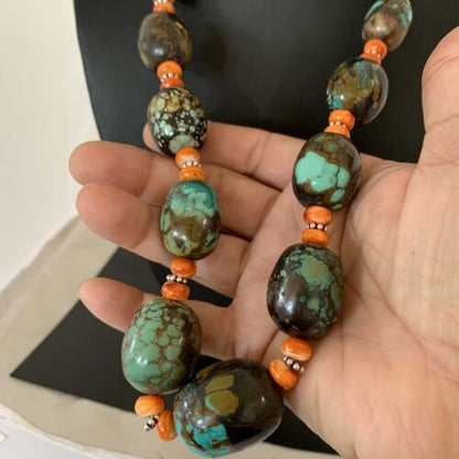 Navajo Green Turquoise & Orange Spiny Oyster Necklace | Sterling Silver | 23" | 1845