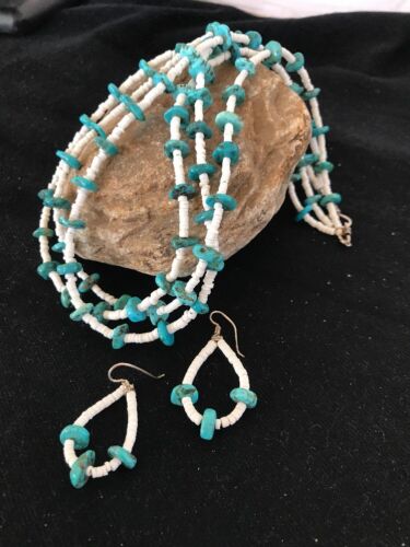 Navajo Sterling Silver 3-Strand Turquoise Necklace with Bone Earrings Set | Authentic Native American Handmade