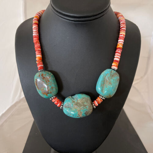 Chunky Turquoise Navajo Pearls | Sterling Silver | Red Spiny Oyster | 22" | Necklace 1239