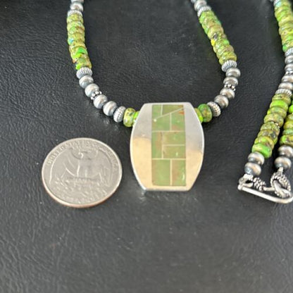 Navajo Green Turquoise Inlay Pendant Necklace | Sterling Silver | 22" | Authentic Native American Handmade | 14610