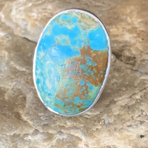 USA Navajo Adjustable Sterling Silver Blue Kingman Turquoise Ring Sz 8 12794